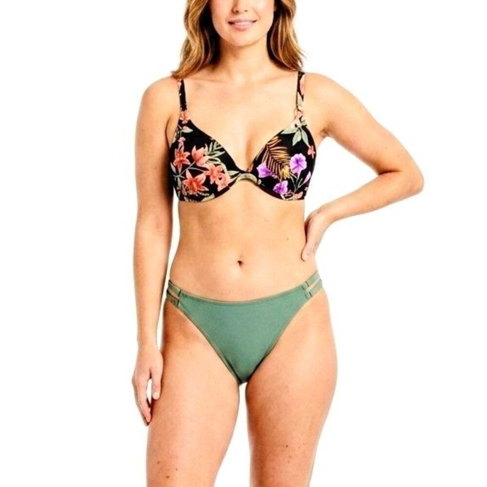 SHADE & SHORE Swimsuit Two Piece Black/Green Swimwear Women 34DD L 12/14 NEW NWT